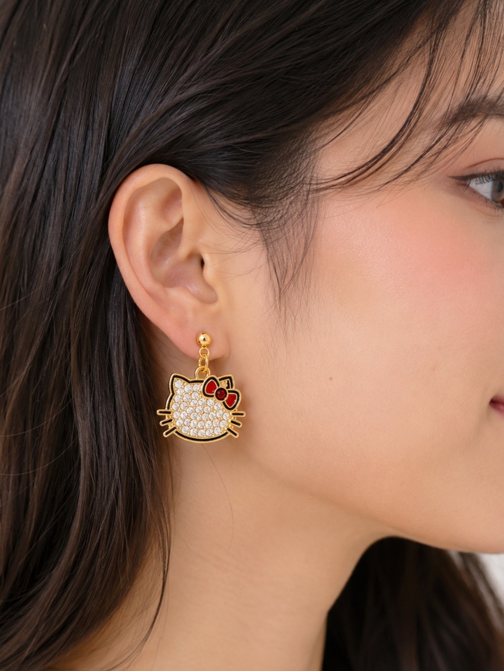 Hello Kitty Rhinestone Dangle Earrings Gold Tone Red Bow Cute Kawaii - Picture 4 of 6